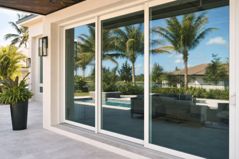 Sliding glass doors reflect palm trees, a pool, and patio furniture in a modern outdoor area with light-colored tiles and a potted plant.
