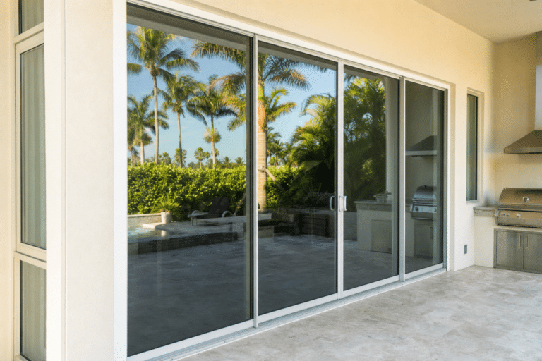 Large glass sliding doors open to a patio with a built-in grill and pool; palm trees and blue sky are reflected in the glass.