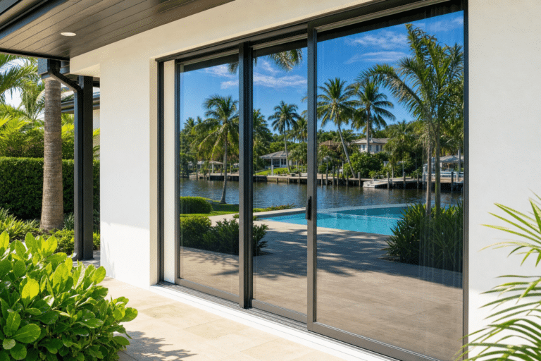 Sliding glass doors reflect palm trees, a pool, and waterfront homes on a sunny day, with greenery and a tiled patio in the foreground.