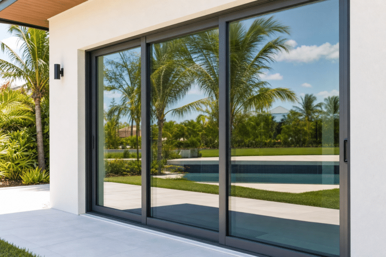 Large glass sliding doors reflect palm trees, a lawn, and a swimming pool outside a modern home on a sunny day.