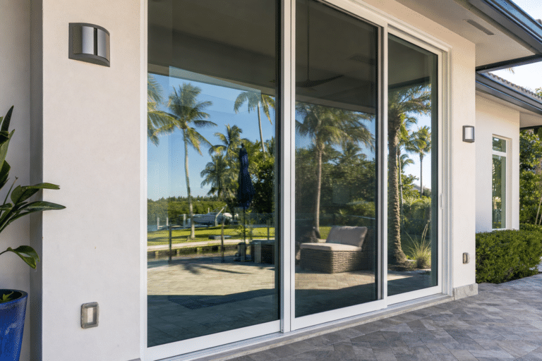 Large glass sliding door reflects palm trees, patio furniture, and an outdoor scene. Modern house exterior with white walls, pavers, and plants visible.