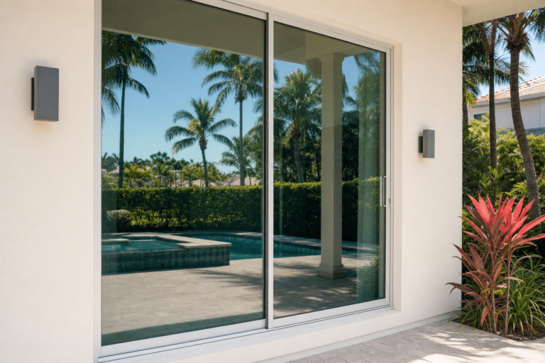 Large sliding glass door reflects a backyard pool, palm trees, and clear blue sky. Patio lighting fixtures and tropical plants are visible near the door.