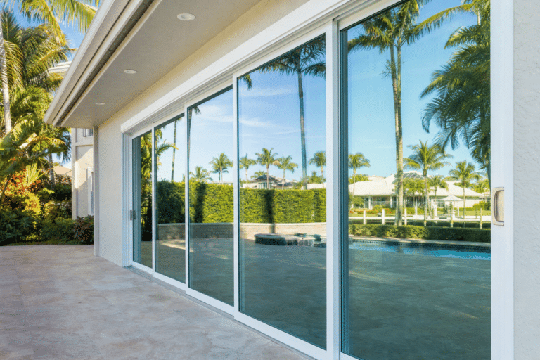 Large glass sliding doors reflect palm trees, a pool, and a sunny outdoor patio area beside a modern house.