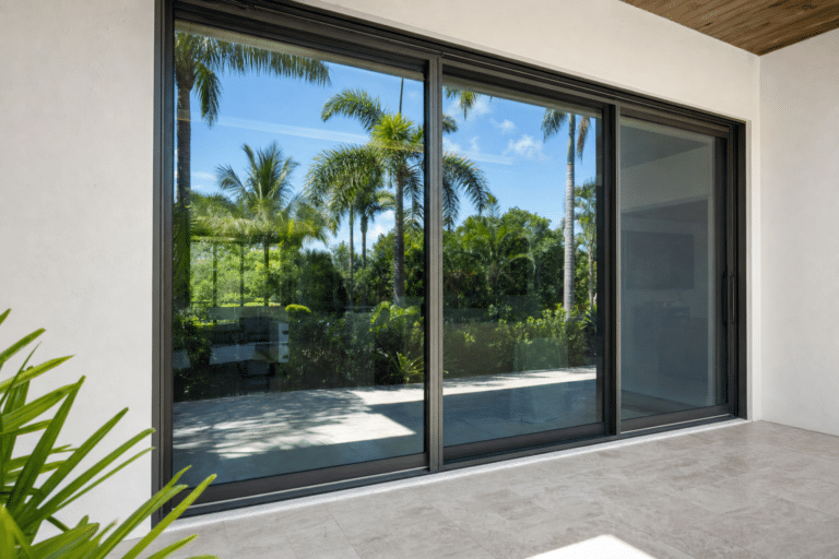 Large glass sliding door reflects palm trees and blue sky, opening onto a patio with plants outside. Light tiled floor and white walls are visible.