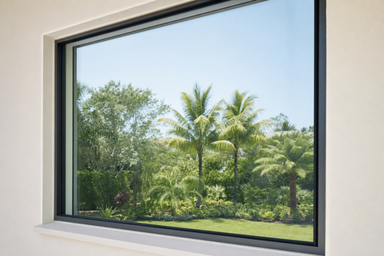 A large window with a black frame reflects a clear view of palm trees and greenery in a sunlit garden.