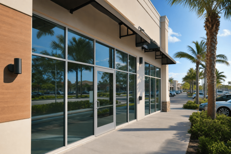 Empty retail storefront with large glass windows and door, reflecting palm trees and parked cars, in a modern shopping plaza on a sunny day.
