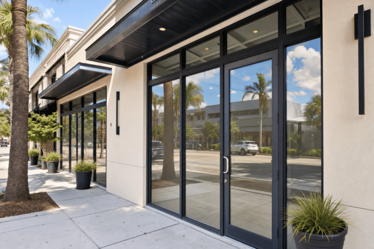 Street view of a modern, empty retail storefront with large glass windows and doors, potted plants, and palm trees reflected in the glass.