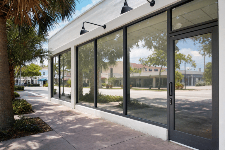 Empty storefront with large glass windows and a glass door, reflecting nearby trees and buildings on a quiet street.