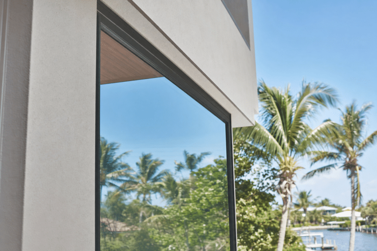 A modern building’s window reflects palm trees and blue sky, with more palm trees and water visible in the sunny background.