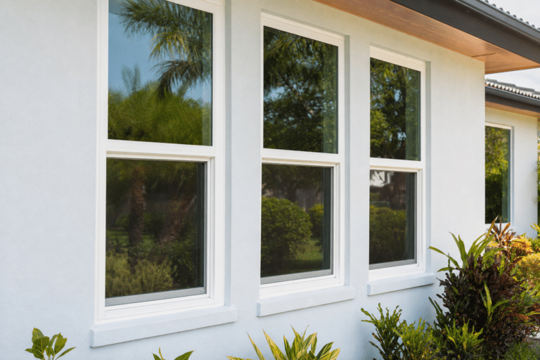 Three white-framed windows on a light-colored house exterior with green plants and trees reflected in the glass.