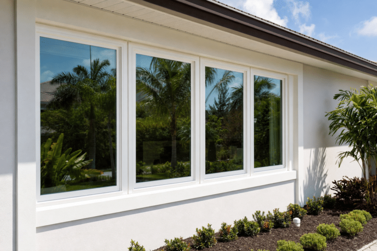 Four large rectangular windows in a white house reflect palm trees and a blue sky, with a landscaped garden in front.