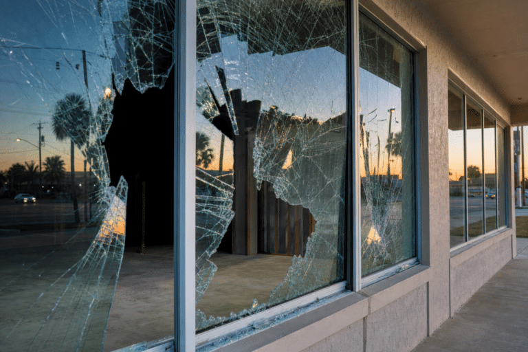Large broken glass windows on a commercial building at sunset, with significant cracks and missing glass sections revealing the empty interior.