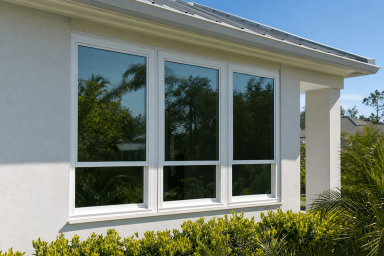 Three large rectangular windows with white frames are set in a light-colored exterior wall, reflecting trees and blue sky, with green bushes below.