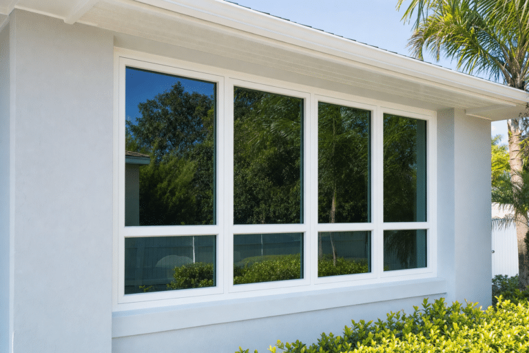 White-framed rectangular window with four panes, reflecting trees and sky, set in a light gray exterior wall with shrubs and a palm tree nearby.