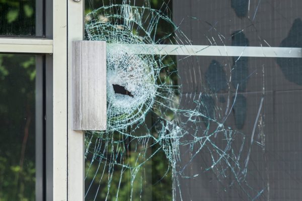 A broken glass window in an aluminum frame door. Door is padlocked.